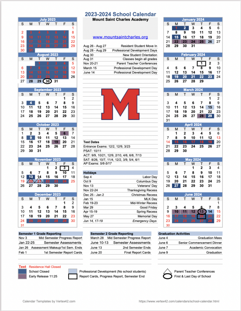 Calendars Mount Saint Charles Academy